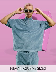 Синяя oversized футболка из махровой ткани с короткой молнией (от комплекта) ASOS DESIGN-Голубой