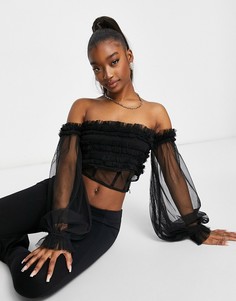 Эксклюзивный черный топ из тюля с открытыми плечами и корсетной отделкой Lace & Beads-Черный цвет