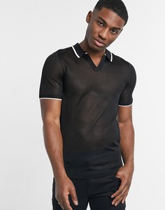 Черное сетчатое поло с отложным воротником и белой окантовкой ASOS DESIGN-Черный цвет