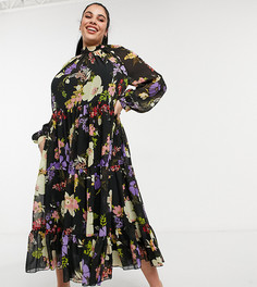 Ярусное платье макси с высоким воротом и ярким узором из зимних цветов ASOS DESIGN Curve-Многоцветный