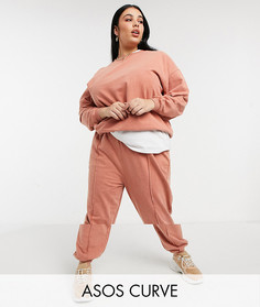 Спортивный oversized-костюм терракотового цвета с эффектом кислотной стирки из свитшота и джоггеров с декоративными швами ASOS DESIGN Curve-Коричневый цвет