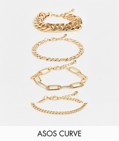 Набор из четырех золотистых массивных браслетов-цепочек с разным дизайном ASOS DESIGN Curve-Золотистый