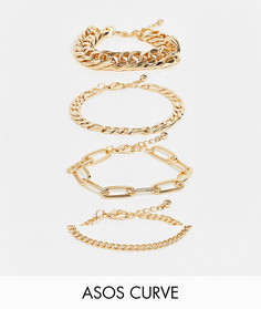 Набор из четырех золотистых массивных браслетов-цепочек с разным дизайном ASOS DESIGN Curve-Золотистый