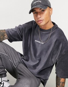 Oversized-футболка из бархатистого велюра угольного цвета в рубчик с вышитой надписью ASOS DESIGN-Черный цвет