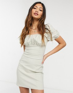 Платье мини из структурированной ткани со сборками и объемными рукавами ASOS DESIGN-Серый