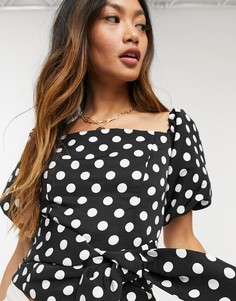 Черный укороченный топ в горошек с открытыми плечами River Island-Черный цвет