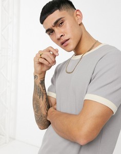 Серая футболка из вафельной ткани с бежевой вставкой ASOS DESIGN-Бежевый