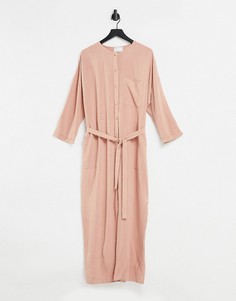 Свободный льняной комбинезон с пуговицами и завязками на талии ASOS DESIGN-Розовый цвет