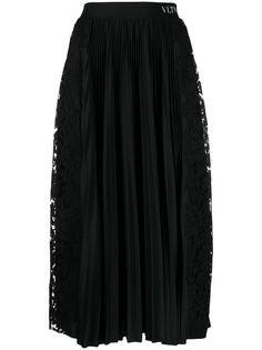 Valentino плиссированная юбка миди с кружевными вставками