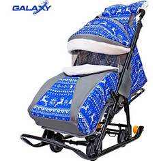 Санки коляска GALAXY SNOW LUXE Зимняя ночь Олени синие на больших мягких колесах+сумка+муфта