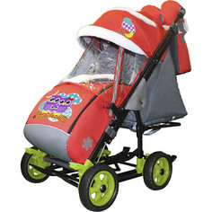 Санки-коляска SNOW GALAXY City-3-1 Совушки на красном на больших колёсах+сумка+варежки