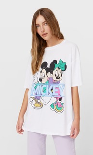 Stradivarius Футболка Оверсайз «Микки И Минни Маус» Белый S
