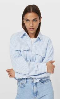 Stradivarius Укороченная Куртка-Рубашка В Клетку Небесно-Голубой M