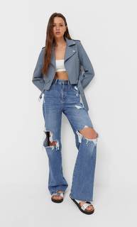 Stradivarius Базовая Куртка Из Искусственной Кожи С Ремнем Небесно-Голубой L