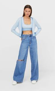 Stradivarius Топ В Клетку Виши Небесно-Голубой L