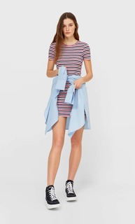 Stradivarius Платье В Мелкую Полоску С Короткими Рукавами Ярко-Розовый Xl