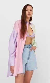 Stradivarius Рубашка Из Поплина С Цветовыми Блоками Ярко-Розовый S