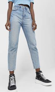 Stradivarius Джинсы Mom Fit Синий С Эффектом Потертости 38