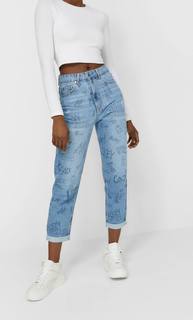 Stradivarius Джинсы Mom Fit С Граффити «Микки Маус» Синий С Эффектом Потертости 40