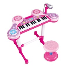 Игрушечный синтезатор Babydays, со стульчиком, микрофоном, ударными, HC-3012C (розовый)