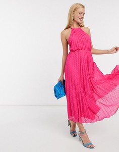 Платье миди с завязкой на шее и плиссировкой из ткани добби ASOS DESIGN-Розовый