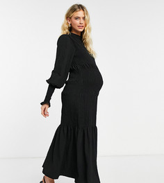Черное присборенное платье миди с оборкой по нижнему краю ASOS DESIGN Maternity-Черный цвет