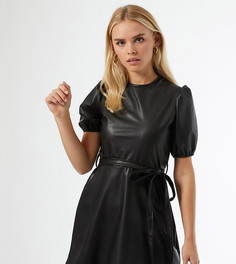 Черное платье из искусственной кожи с пышными рукавами Miss Selfridge Petite-Черный цвет