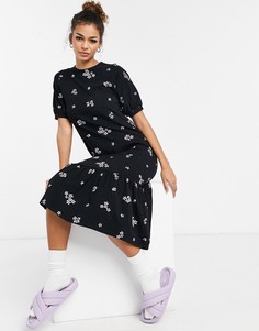 Черное платье миди с вышивкой и объемными рукавами ASOS DESIGN-Черный цвет