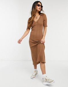 Легкое трикотажное платье миди в широкий рубчик с воротником Fashion Union-Коричневый цвет