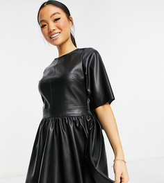Черное платье-футболка мини из искусственной кожи с короткой расклешенной юбкой ASOS DESIGN Petite-Черный цвет