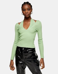 Светло-зеленый трикотажный топ с завязкой через шею и вырезами Topshop-Зеленый цвет