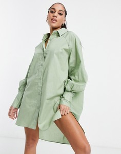 Платье-рубашка цвета мягкий хаки в стиле oversized с пышными рукавами Threadbare-Зеленый цвет