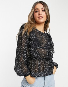 Черная блузка в горошек с оборками New Look-Черный цвет