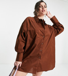 Платье-рубашка шоколадно-коричневого цвета в стиле oversized с объемными рукавами Threadbare Plus Size-Коричневый цвет