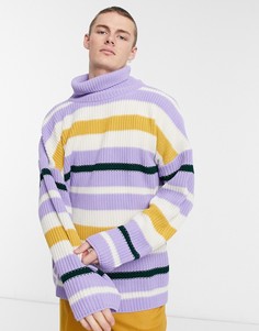 Oversized-джемпер в рубчик в разноцветную полоску с высоким воротом ASOS DESIGN-Голубой