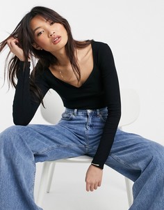 Черное боди в рубчик с вырезом сердечком и длинными рукавами ASOS DESIGN-Черный цвет