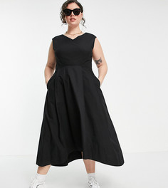 Черное плиссированное платье миди с глубоким V-образным вырезом Closet London Plus-Черный цвет