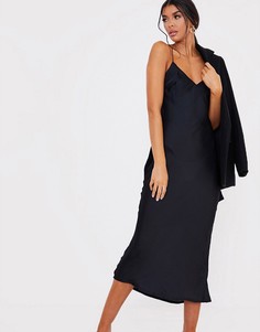Черное атласное платье миди на бретельках In The Style x Lorna Luxe-Черный цвет