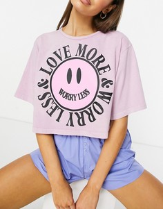 Пижамный комплект из сиреневой укороченной футболки с надписью "Love More Worry Less" и синих тканых шорт ASOS DESIGN-Многоцветный