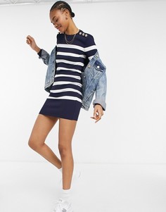 Темно-синее платье мини с пуговицами на плечах и принтом в полоску River Island-Темно-синий