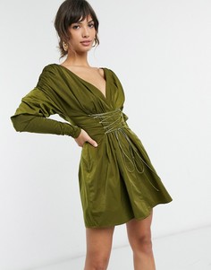 Присборенное платье мини с открытыми плечами и шнуровкой на талии ASOS DESIGN-Зеленый цвет