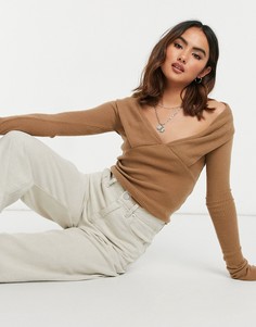 Коричневый трикотажный топ с длинными рукавами и V-образным вырезом Free People-Коричневый цвет