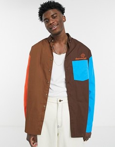 Коричневая поплиновая oversized рубашка с принтом колор-блок в стиле 90-х ASOS Daysocial-Коричневый цвет