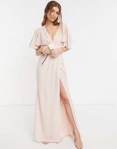 Платье макси с рукавами клеш, сатиновой отделкой и юбкой на запах ASOS DESIGN Bridesmaid-Розовый цвет