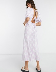 Атласное чайное платье миди в клетку с пышными рукавами и открытой спиной ASOS DESIGN-Многоцветный
