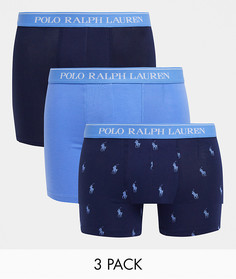 Набор из 3 боксеров-брифов темно-синего, голубого цвета и со сплошным принтом логотипа Polo Ralph Lauren-Темно-синий