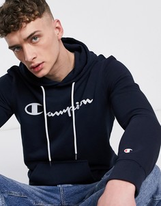 Темно-синий худи с большим логотипом на груди Champion