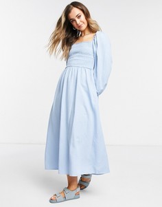 Бледно-голубое присборенное платье миди из фактурной ткани New Look-Голубой