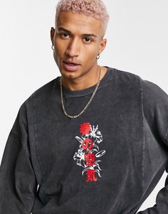 Черный лонгслив в стиле oversized с эффектом кислотной стирки, в рубчик, с принтом ASOS DESIGN-Черный цвет