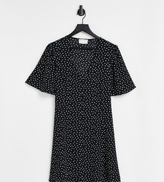 Черное чайное платье мини в белый горошек на пуговицах с завязкой на спине и короткими расклешенными рукавами ASOS DESIGN Curve-Многоцветный